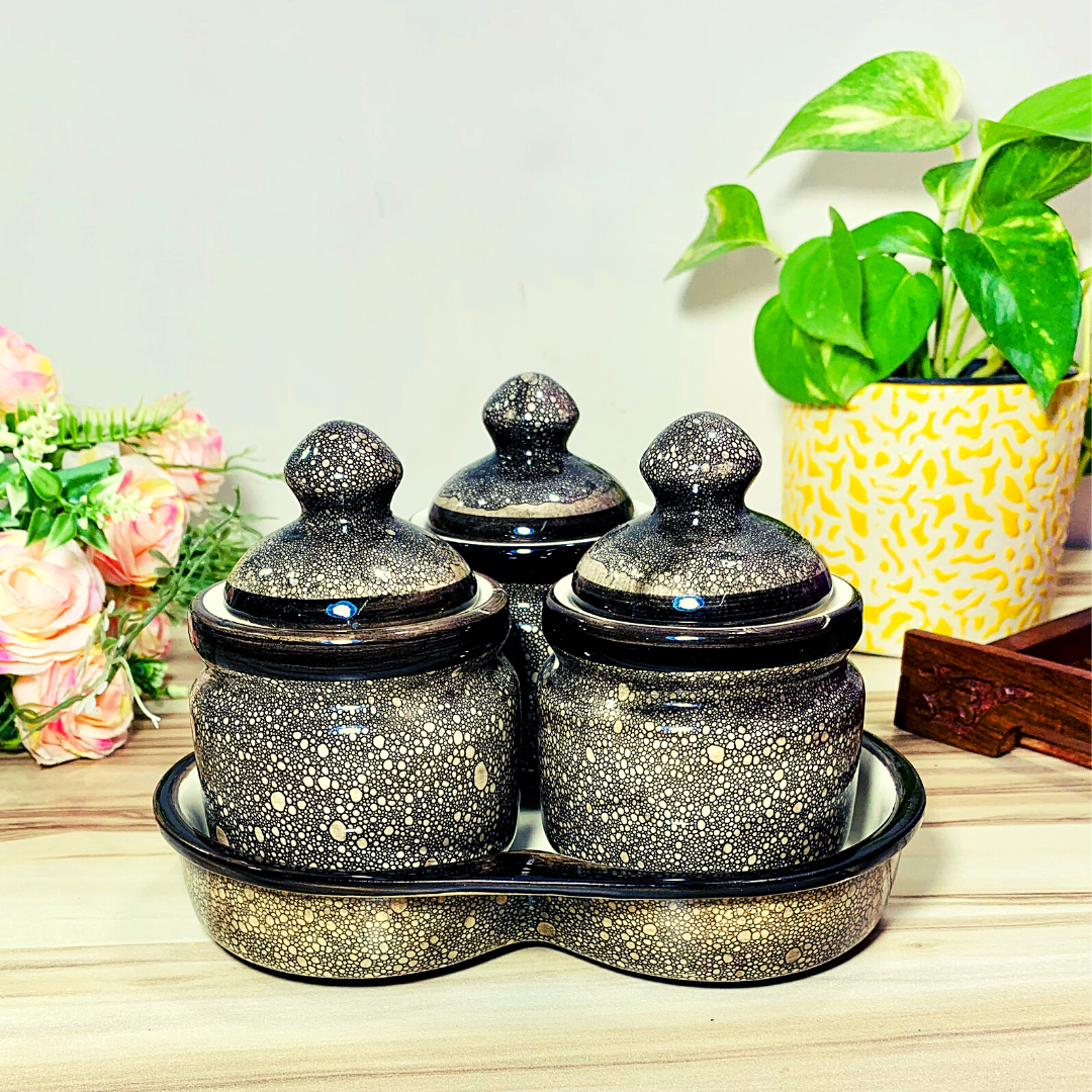Homefrills Handcrafted Multi-Utility Storage Ceramic Jars & Containers with Lid & Tray for Kitchen & Dinning Table Snacks/Chutney/Pickle Serving jar set(3 jars with Lid & 1 Tray) Colour-Black